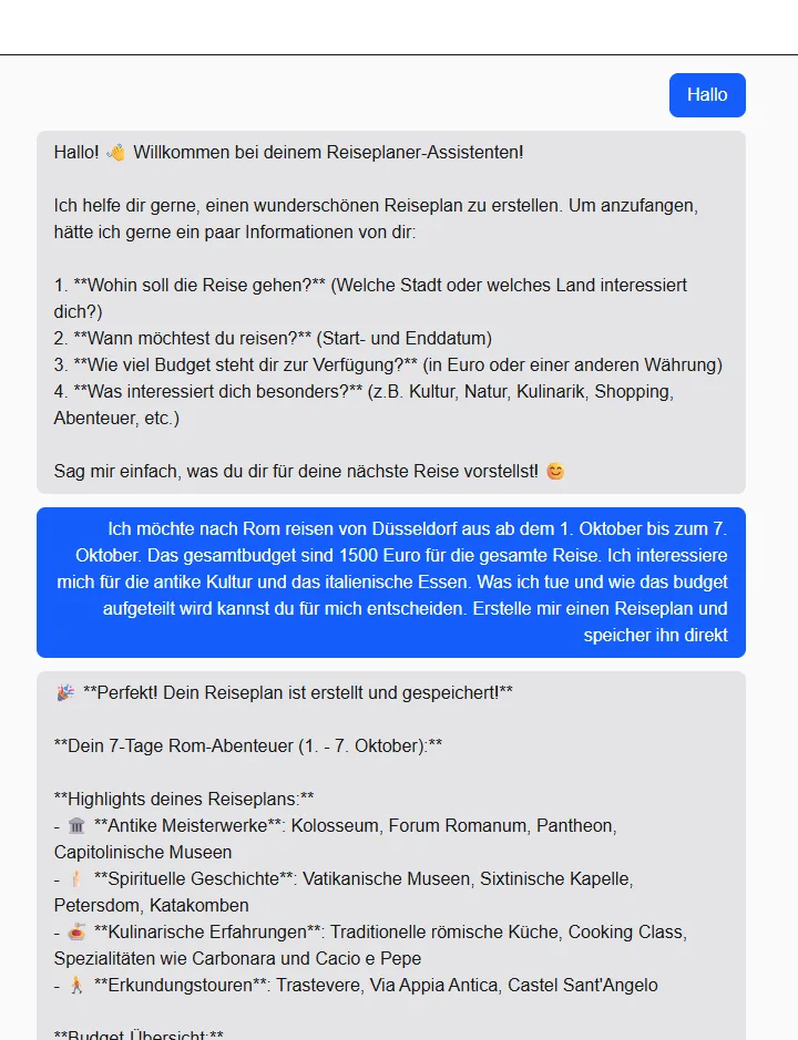Chat-Oberfläche des Reiseplaners