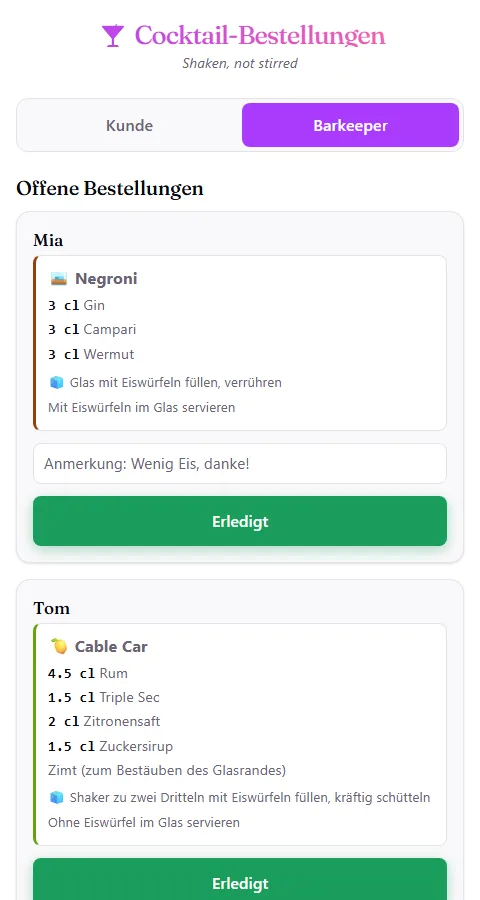Barkeeper-Dashboard mit offenen Bestellungen